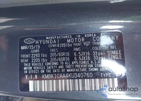 2019 Hyundai Kona Se from USA, damaged, VIN KM8K1CAA4KU340760